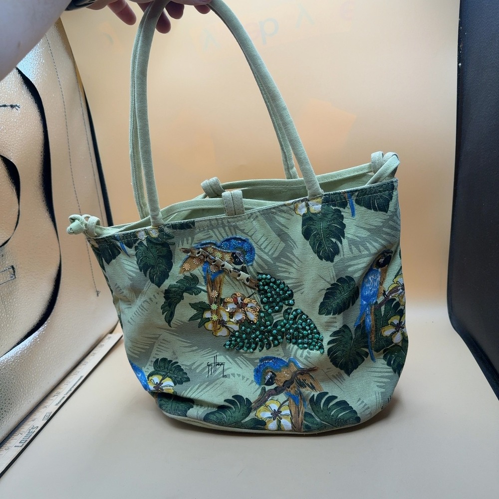 Guy Harvey Canvas Tote Bag purse Tropical Parrot Sequin Mint Green